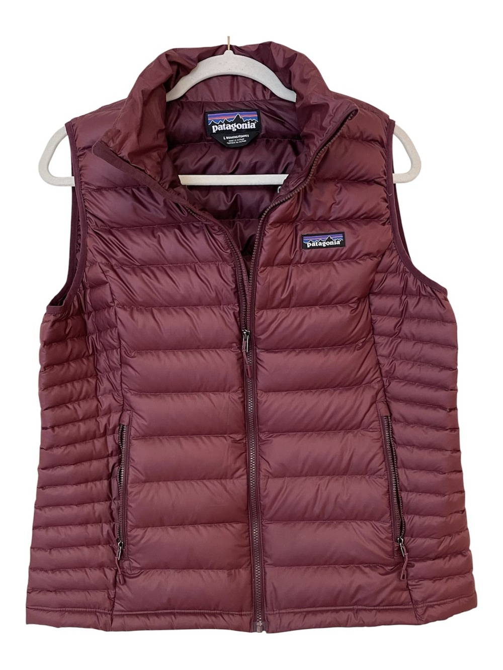 Patagonia Womens Down Filled Puffer Vest L Maroon Burgundy Quilted Fall Layering